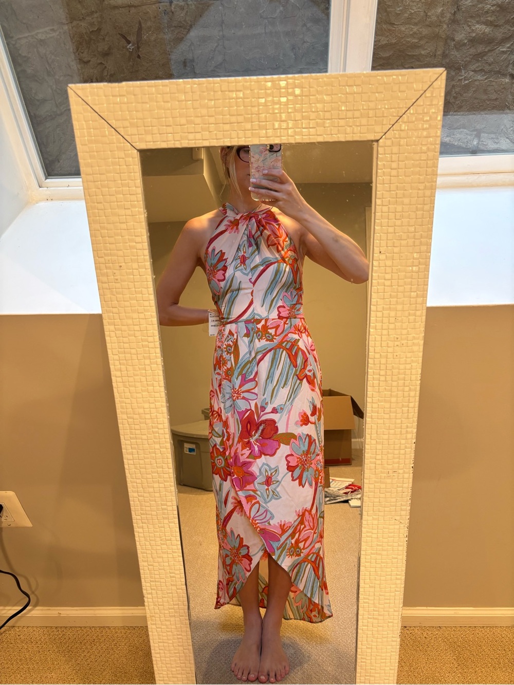 NWT Nordstrom Floral Halter Midi Dress in Pink, Coral and Green